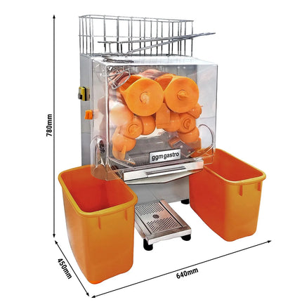 GGM Gastro Automatic Orange Juicer - 120W - 47kg - with 20 oranges/min, orange size 40-80mm, automatic feed, self-service - Stainless Steel