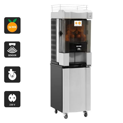 GGM Gastro Automatic Orange Juicer - 370W - 100kg - with 25 oranges/min, 60–75mm oranges, automatic feed, peel collection, self-service - Grey - incl. base frame