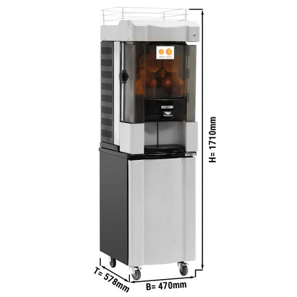 GGM Gastro Automatic Orange Juicer - 370W - 100kg - with 25 oranges/min, 60–75mm oranges, automatic feed, peel collection, self-service - Grey - incl. base frame