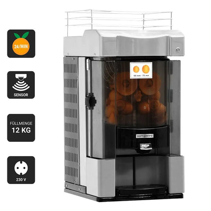 GGM Gastro Automatic Orange Juicer - 370W - 75kg - with 25 oranges/min, orange size 60-75mm, automatic feed, ideal for self-service - Grey