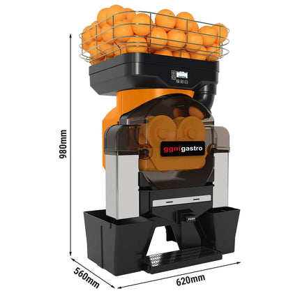GGM Gastro Automatic Orange Juicer - 550W - 58kg - with automatic feed, 45 oranges/min, orange size 60-80mm, push & juice button, peel collection - Orange
