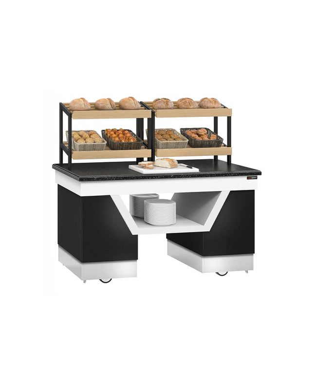 GGM Gastro Bakery Buffet Display Counter BELFAST - 1600mm - with 2 shelves - on castors - black granite worktop