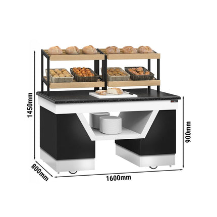 GGM Gastro Bakery Buffet Display Counter BELFAST - 1600mm - with 2 shelves - on castors - black granite worktop
