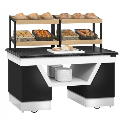 GGM Gastro Bakery Buffet Display Counter BELFAST - 1600mm - with 2 shelves - on castors - black granite worktop