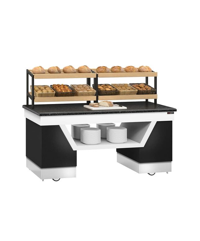 GGM Gastro Bakery Buffet Display Counter BELFAST - 2000mm - with 2 Shelves - on Castors - Black Granite Worktop