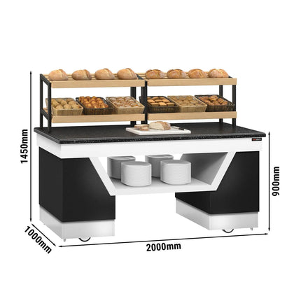 GGM Gastro Bakery Buffet Display Counter BELFAST - 2000mm - with 2 Shelves - on Castors - Black Granite Worktop
