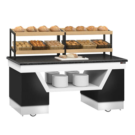 GGM Gastro Bakery Buffet Display Counter BELFAST - 2000mm - with 2 Shelves - on Castors - Black Granite Worktop
