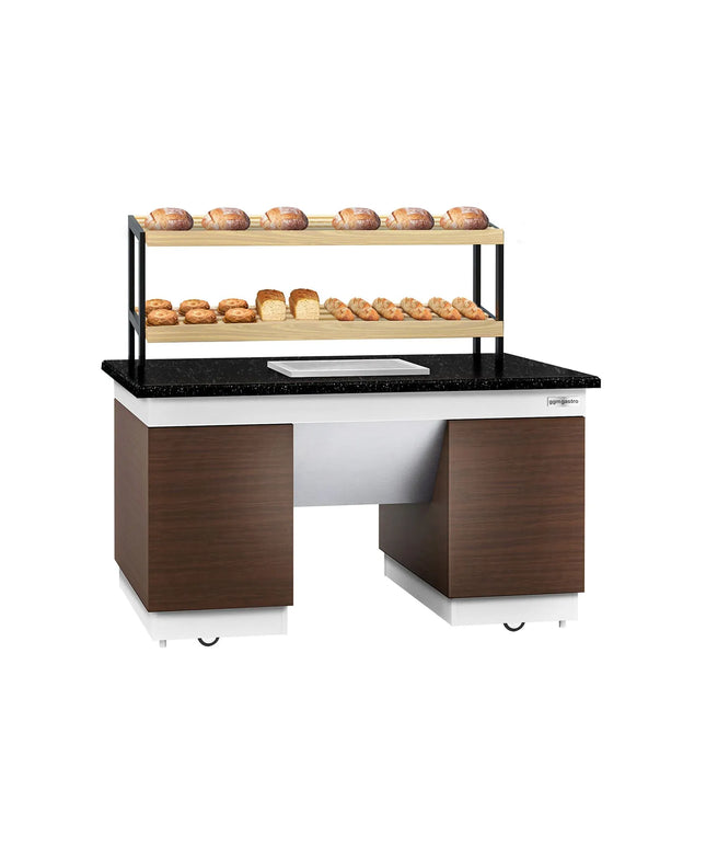 GGM Gastro Bakery Buffet Display Counter DUBLIN - 1600mm - with 2 Shelves - on Castors - Black Granite Worktop