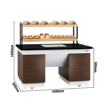 GGM Gastro Bakery Buffet Display Counter DUBLIN - 1600mm - with 2 Shelves - on Castors - Black Granite Worktop