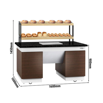 GGM Gastro Bakery Buffet Display Counter DUBLIN - 1600mm - with 2 Shelves - on Castors - Black Granite Worktop