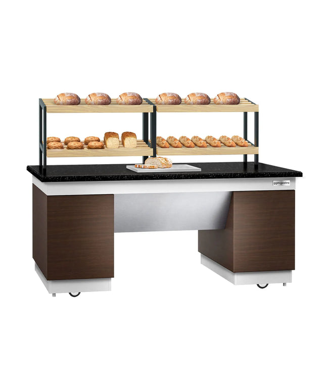 GGM Gastro Bakery Buffet Display Counter DUBLIN - 2000mm - with 2 Shelves - on Castors - Black Granite Worktop