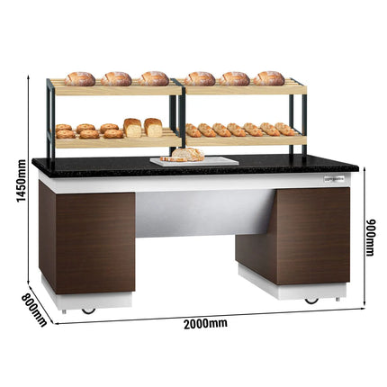 GGM Gastro Bakery Buffet Display Counter DUBLIN - 2000mm - with 2 Shelves - on Castors - Black Granite Worktop