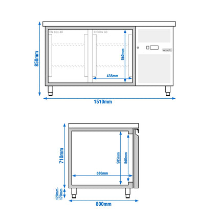 GGM Gastro Bakery Counter Fridge ECO - 1510x800mm - with 2 doors - capacity 294 litres