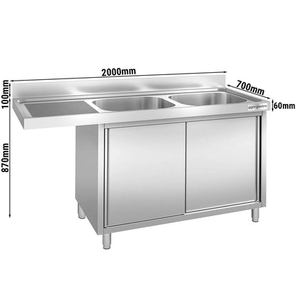 GGM Gastro Bàn Rửa Máy Rửa Bát Có Tủ PREMIUM - 2000x700mm - 2 Chậu Bên Phải