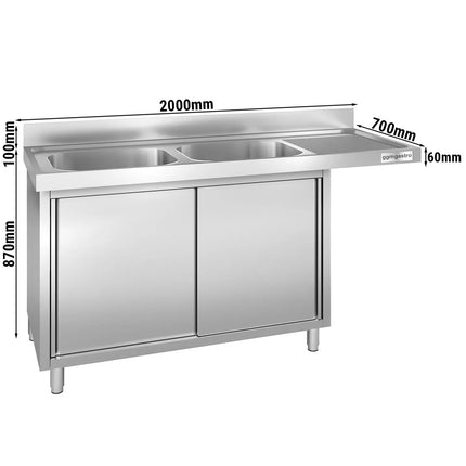 GGM Gastro Bàn Rửa Máy Rửa Bát Có Tủ PREMIUM - 2000x700mm - 2 Chậu Bên Trái
