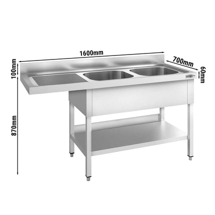 GGM Gastro Bàn Rửa Máy Rửa Bát PREMIUM - 1600x700mm - 2 Chậu - Bàn Ráo Bên Trái