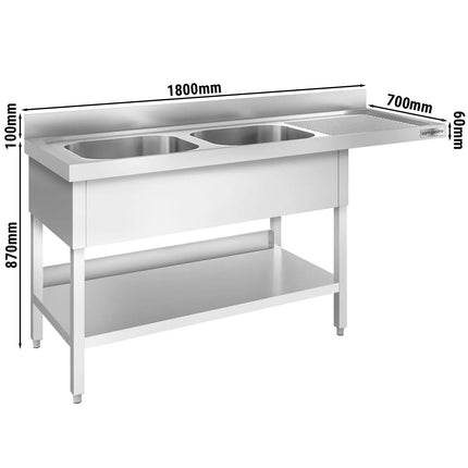 GGM Gastro Bàn Rửa Máy Rửa Bát PREMIUM - 1800x700mm - 2 Chậu - Bàn Ráo Bên Phải