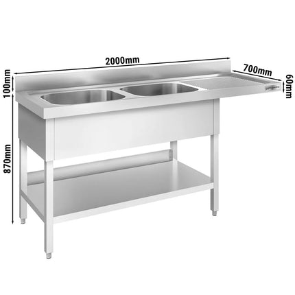 GGM Gastro Bàn Rửa Máy Rửa Bát PREMIUM - 2000x700mm - 2 Chậu - Bàn Ráo Bên Phải