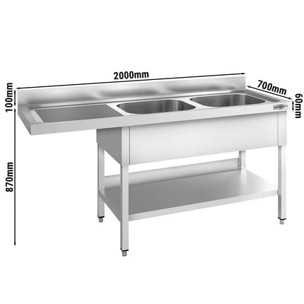 GGM Gastro Bàn Rửa Máy Rửa Bát PREMIUM - 2000x700mm - 2 Chậu - Bàn Ráo Bên Trái