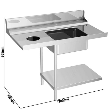 GGM Gastro Bàn Vào Máy Rửa Chén Băng Chuyền - 1200mm - Lắp Trái - 1 Chậu & Máng Xả Rác - Cho Dòng DS430