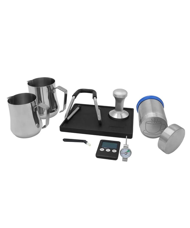 GGM Gastro Barista kit - incl. 2 milk jugs, coffee tamper, tamper holder, probe thermometer, cleaning brush, 3 art stencils & digital timer