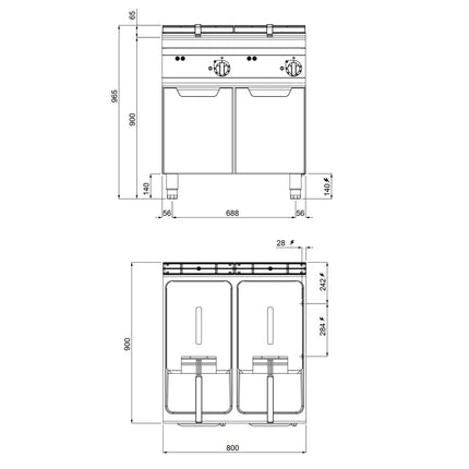 GGM Gastro Bếp Chiên Nhúng Điện 2 Bồn - 22+22L - 44kW - Thủ Công - Có Van Xả