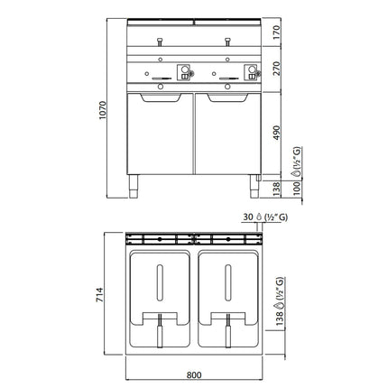 GGM Gastro Bếp Chiên Nhúng Gas Đứng 2 Bồn - 10+10L - 13.8kW - Thủ Công - Có Van Xả