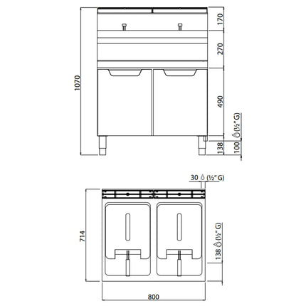 GGM Gastro Bếp Chiên Nhúng Gas Đứng 2 Bồn - 15+15L - 25.4kW - Thủ Công - Có Van Xả