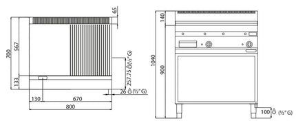 GGM Gastro Bếp Chiên Nướng Gas - 13.8kW - Mặt Nửa Phẳng Nửa Rãnh - Diện Tích Nấu: 795x500mm - Có Chân Đứng
