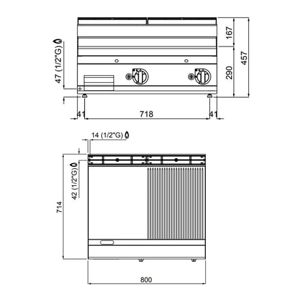 GGM Gastro Bếp Chiên Nướng Gas - 13.8kW - Mặt Nửa Phẳng Nửa Rãnh - Diện Tích Nấu: 795x500mm