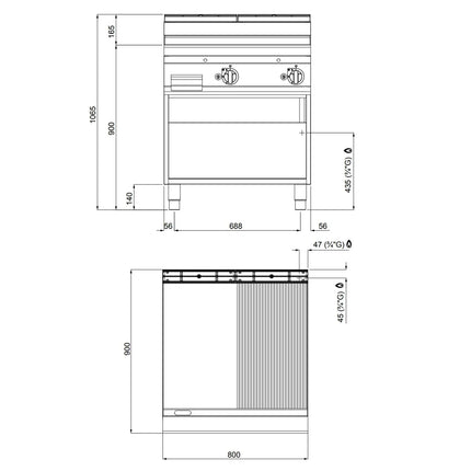 GGM Gastro Bếp Chiên Nướng Gas - 20kW - Mặt Nửa Phẳng Nửa Rãnh - Diện Tích Nấu: 796x667mm - Có Chân Đứng