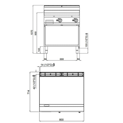 GGM Gastro Bếp Chiên Phẳng Gas - 13.8kW - Mặt Phẳng - Diện Tích Nấu: 795x500mm - Có Chân Đứng