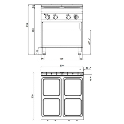GGM Gastro Bếp Điện - 7kW - 4 Mặt - Có Kệ Dưới Hở