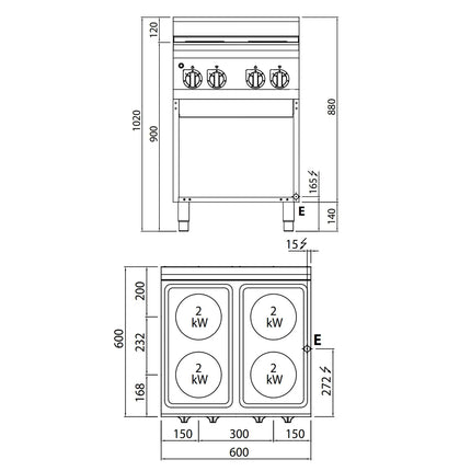 GGM Gastro Bếp Điện - 8kW - 4 Mặt - Có Kệ Dưới Hở