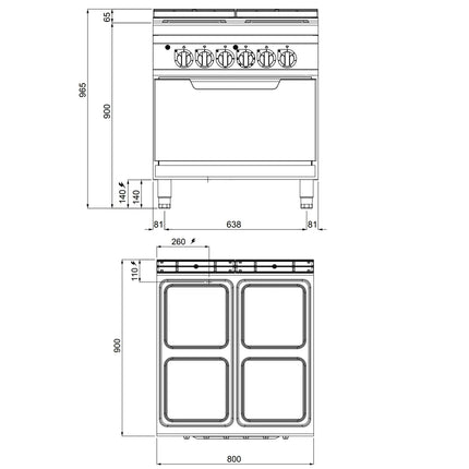 GGM Gastro Bếp Điện Liền Lò - 21.5kW - 4 Mặt - Kèm Lò Điện Tĩnh - 7.5kW
