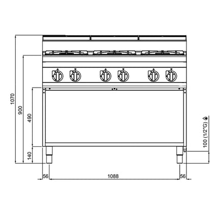 GGM Gastro Bếp Gas - 31.5kW - 6 Họng - Có Kệ Dưới Hở
