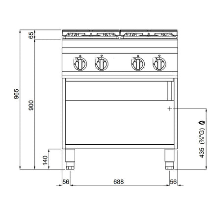 GGM Gastro Bếp Gas - 34.5kW - 4 Họng - Có Kệ Dưới Hở