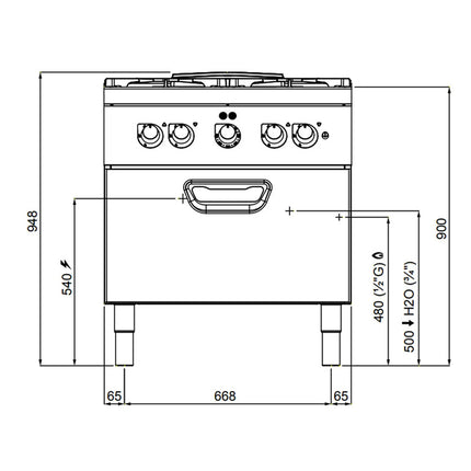 GGM Gastro Bếp Gas Liền Lò - 28.68kW - 4 Họng - Kèm Lò Đối Lưu Điện - 4.68kW