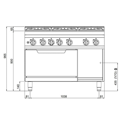 GGM Gastro Bếp Gas Liền Lò - 61.3kW - 6 Họng - Kèm Lò Gas Tĩnh - 7.8kW