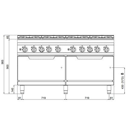 GGM Gastro Bếp Gas Liền Lò - 84.2kW - 8 Họng - Kèm Lò Gas Tĩnh - 7.6kW - Hạng Nặng