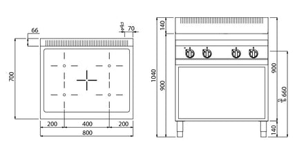 GGM Gastro Bếp Hồng Ngoại - 12.8kW - 4 Vùng - Có Kệ Dưới Hở