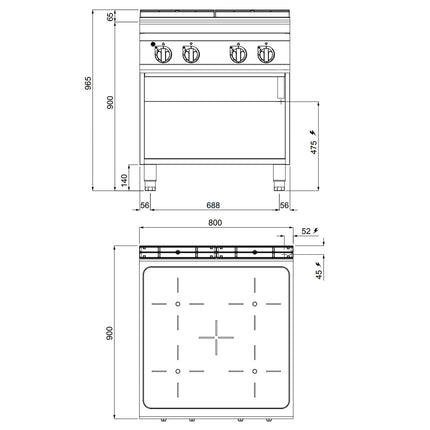 GGM Gastro Bếp Hồng Ngoại - 16kW - 4 Vùng - Có Kệ Dưới Hở