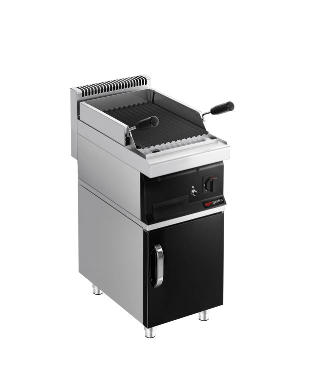 GGM Gastro Bếp Nướng Đá Lava Gas Mario 700 - 400mm - Đứng Độc Lập - Có Tủ Bệ - Sâu 700mm - Vỉ Nướng Nghiêng - Mặt Trước Đen - Kèm Tủ Bệ - 1 Cánh