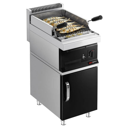 GGM Gastro Bếp Nướng Đá Lava Gas Mario 700 - 400mm - Đứng Độc Lập - Có Tủ Bệ - Sâu 700mm - Vỉ Nướng Nghiêng - Mặt Trước Đen - Kèm Tủ Bệ - 1 Cánh