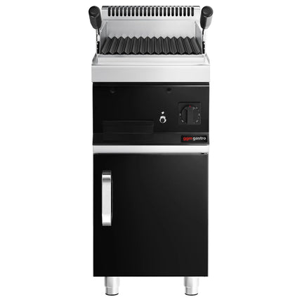 GGM Gastro Bếp Nướng Đá Lava Gas Mario 700 - 400mm - Đứng Độc Lập - Có Tủ Bệ - Sâu 700mm - Vỉ Nướng Nghiêng - Mặt Trước Đen - Kèm Tủ Bệ - 1 Cánh