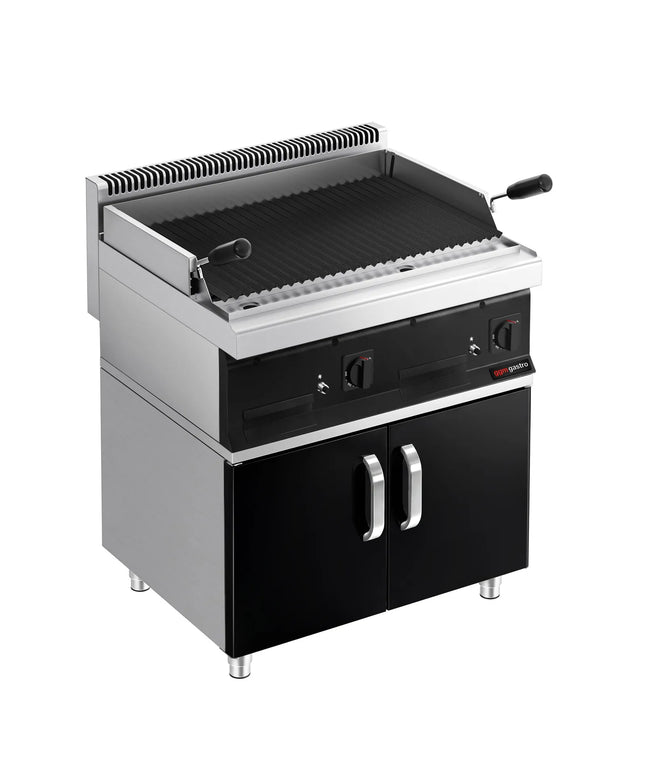 GGM Gastro Bếp Nướng Đá Lava Gas MARIO 700 - 800mm - Có Tủ Bệ - Vỉ Nướng Nghiêng - Vỉ Gang - Mặt Trước Đen - Kèm Tủ Bệ - 2 Cánh