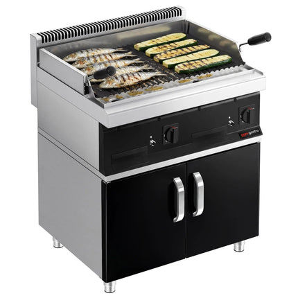GGM Gastro Bếp Nướng Đá Lava Gas MARIO 700 - 800mm - Có Tủ Bệ - Vỉ Nướng Nghiêng - Vỉ Gang - Mặt Trước Đen - Kèm Tủ Bệ - 2 Cánh
