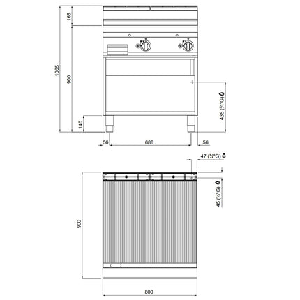 GGM Gastro Bếp Nướng Gas - 20kW - Mặt Rãnh - Diện Tích Nấu: 796x667mm - Có Chân Đứng