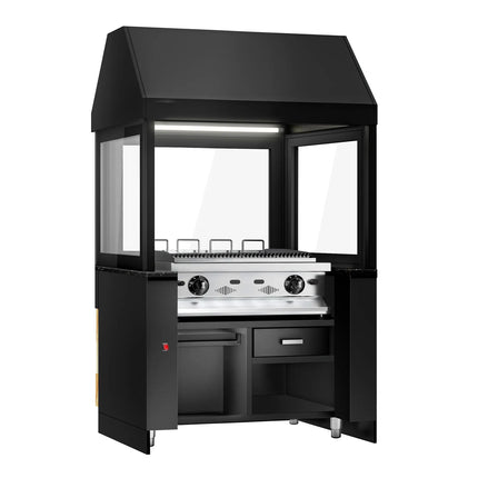 GGM Gastro Bếp Nướng Gas TORONTO - 1110mm - Đứng Độc Lập - Sâu 880mm - 4 Vỉ Nướng - Mặt Trước Gỗ - Mặt Đá Granite Đen - Tấm Chắn Nhiệt Kính Cường Lực