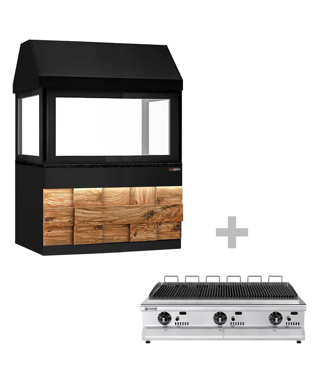 GGM Gastro Bếp Nướng Gas TORONTO - 15.6kW - Đứng Độc Lập - Vỉ Gang - Mặt Trước Gỗ - Mặt Đá Granite Đen - Tấm Chắn Nhiệt Kính Cường Lực